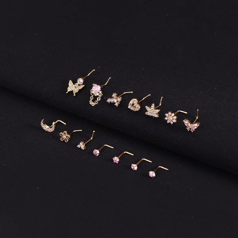 Drperfect Gold Silver Nose Rings Nose Studs for Women Nose Piercings 20G L Shaped Corkscrew Dangle Nose Rings Studs Simulated Diamond Pink CZ Opal Dangling Dangly Hanging Nose Piercing Jewelry with Heart Star Butterfly Flower Cross Moon Charm Cute Dainty Nose Jewelry - Image 2